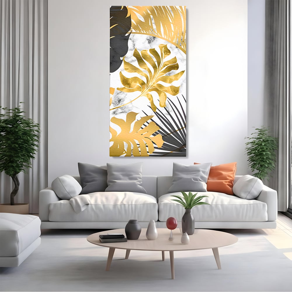 Tablou canvas cu tablou canvas cu frunze tropicale, fara rama, pe sasiu de lemn, pe perete intr-un living